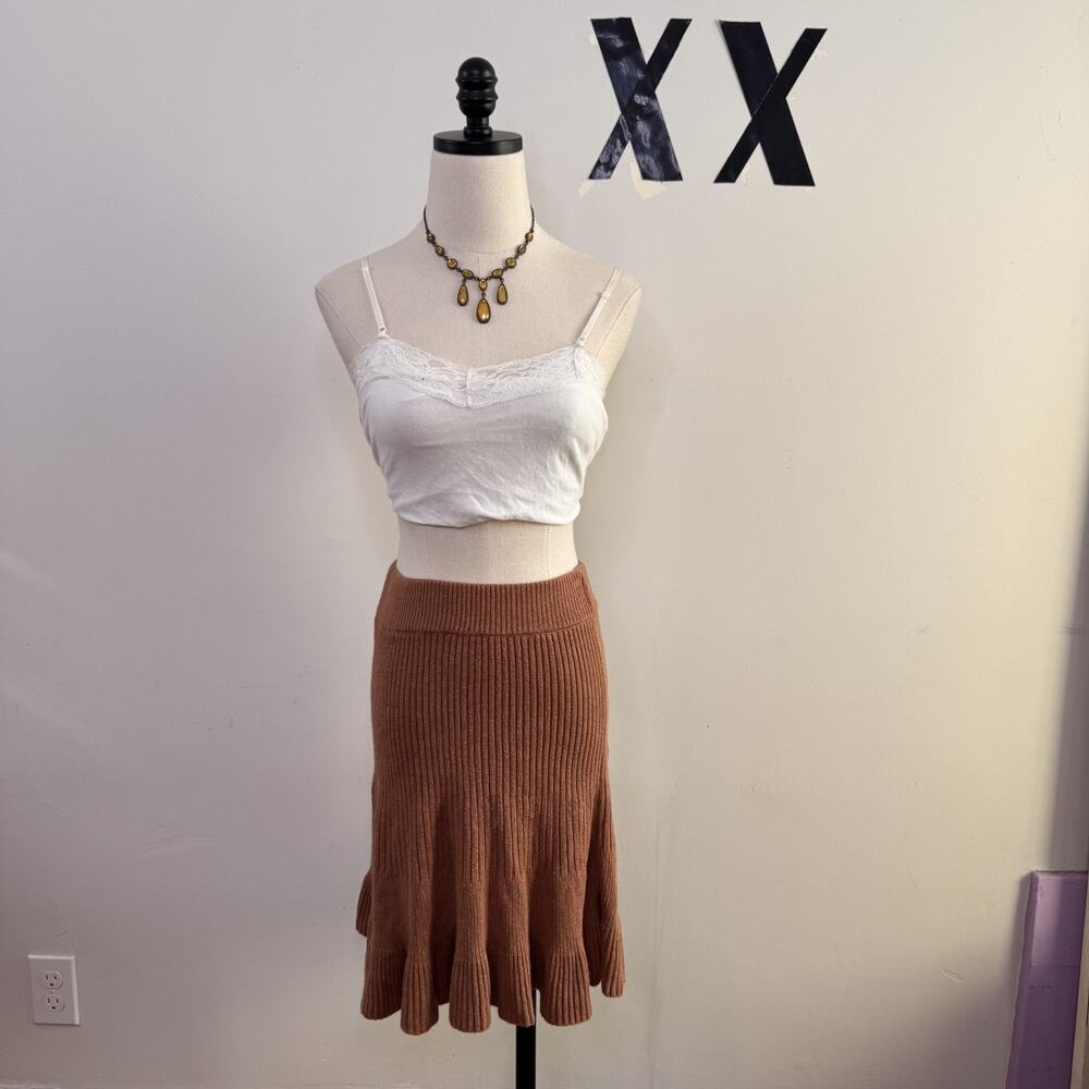 Free People Solid Gold Brown Ribbed Ruffle Pleated Sweater Skirt Indie It Girl S